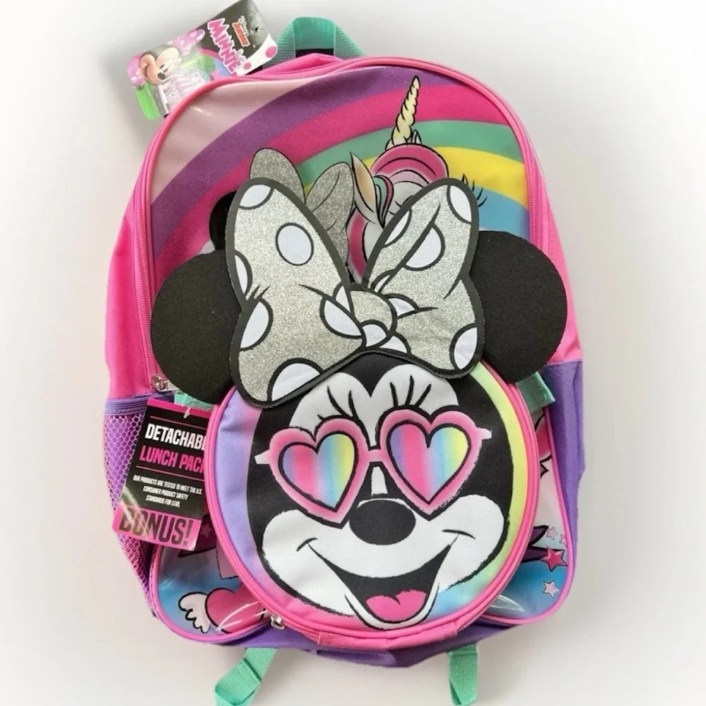 Disney Kids Backpack with Detachable Lunch Pack - Pink & Purple w/ 25 Stickers